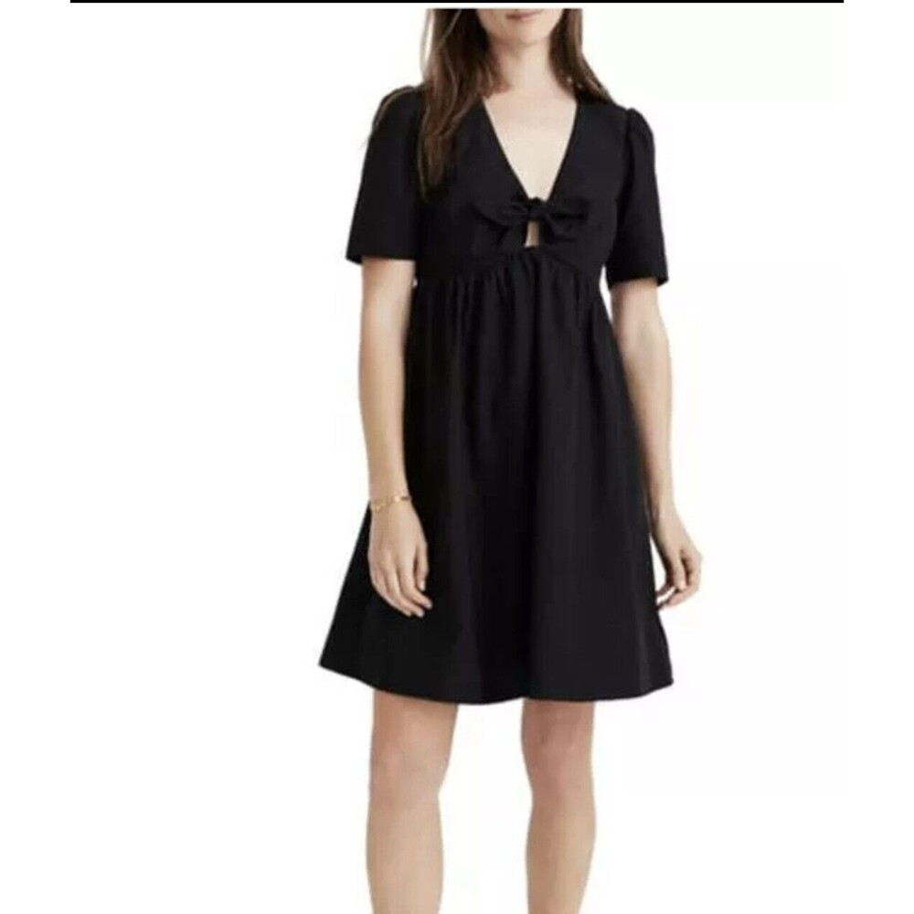 Madewell Women's Tie Front Black Mini Dress 100% Cotton V-Neck Casual LBD Size 0